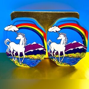 Unicorn Rainbow Metal Trays Vintage 1984 River Scene Purple Mountains Set of 2
